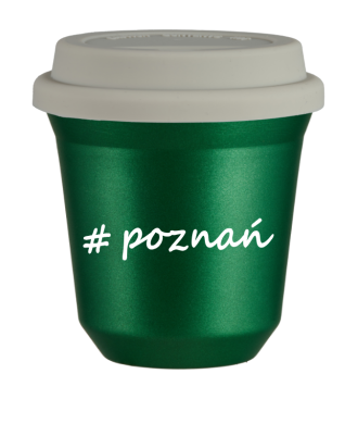 Kubek 150 ml ZIELONY METALIC Poznań z pokrywką biala