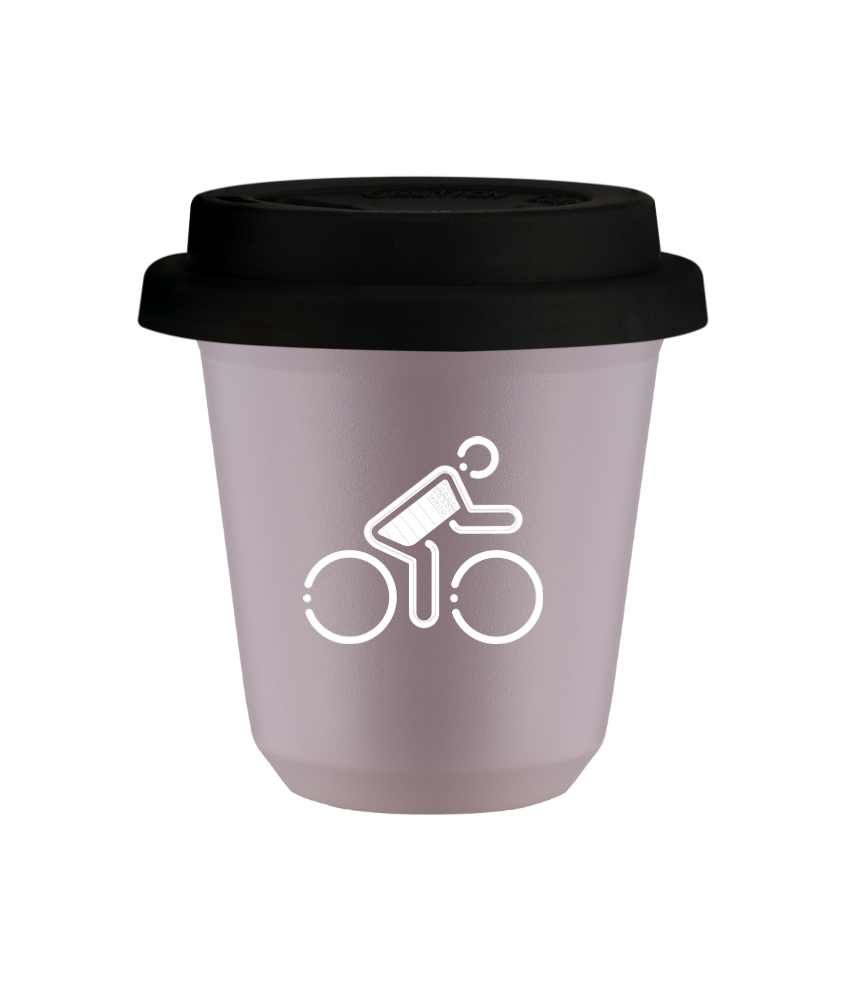 Cup 80 ml LAVENDER "Cyclist in British colors (white)", with black lid