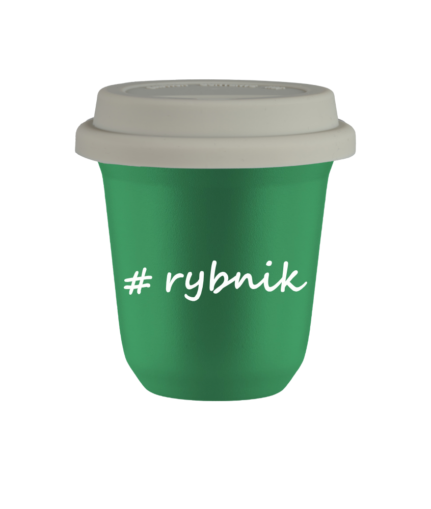 Kubek 150 ml ZIELONY Rybnik z pokrywką biala Kubek 150 ml ZIELONY Rybnik z pokrywką biala