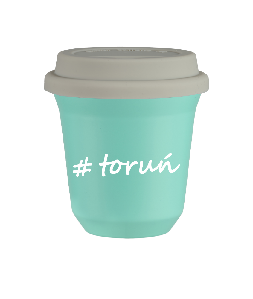 Cup 80 ml TURQUOISE "Toruń", with white lid
