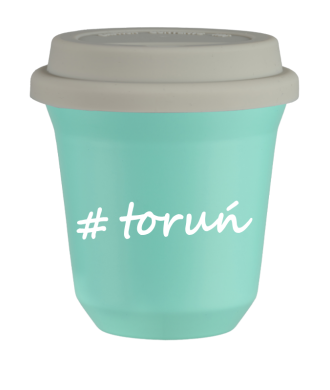 Kubek 150 ml TURKUSOWY Toruń z pokrywką biala