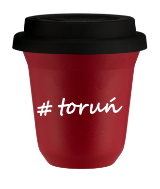 Kubek 150 ml CZERWONY Toruń z pokrywką czarna
