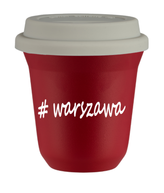 Kubek 150 ml CZERWONY Warszawa z pokrywką biala