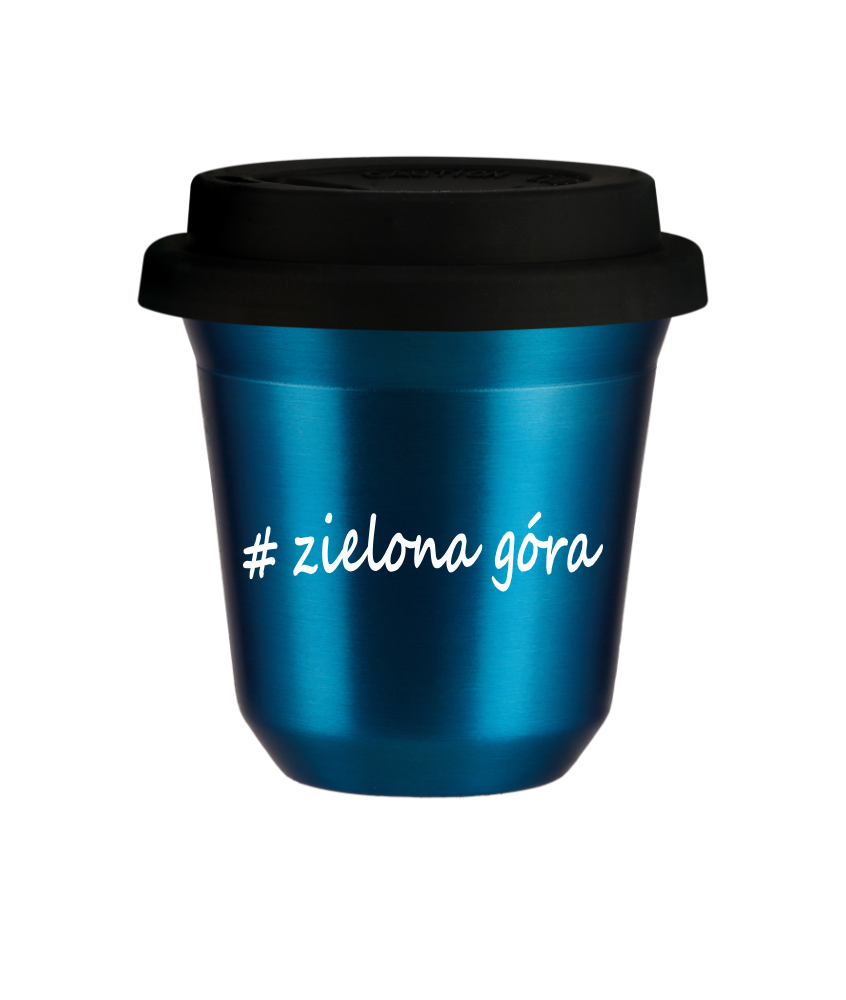 Cup 240 ml METALLIC BLUE "Zielona Góra", with black lid