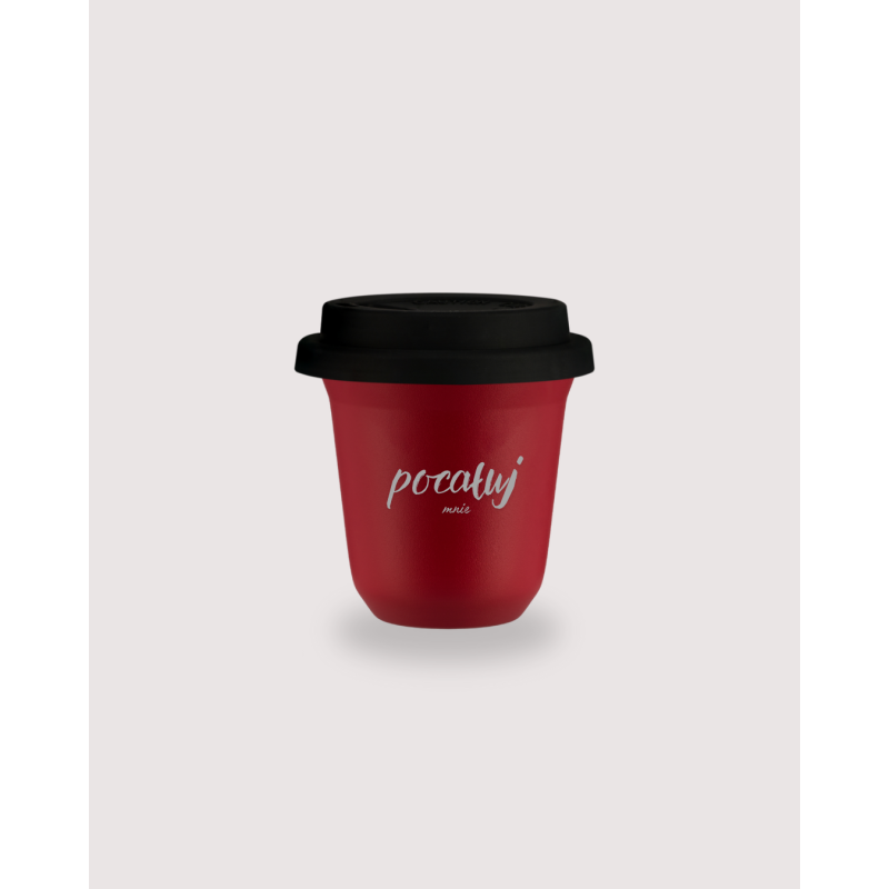 Kubek 150 ml CZERWONY "Pocałuj mnie", z pokrywką czarną