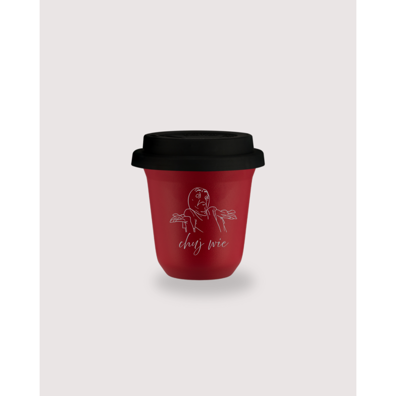 Kubek 150 ml CZERWONY "Chuj wie", z pokrywką czarną