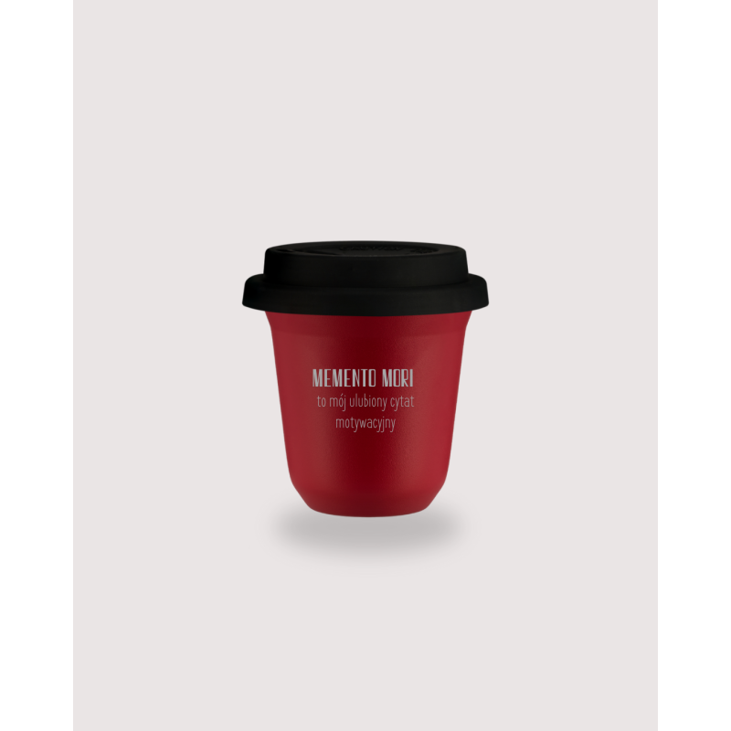 Kubek 150 ml CZERWONY "Memento Mori - to mój ulubiony cytat motywacyjny", z pokrywką czarną
