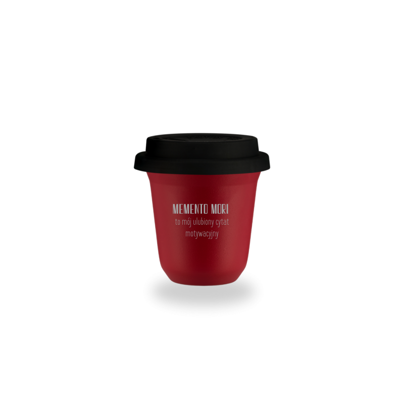 Kubek 150 ml CZERWONY "Memento mori - to mój ulubiony cytat motywacyjny", z pokrywką czarną