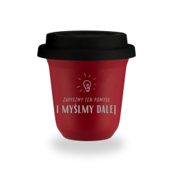 Kubek 80 ml CZERWONY "Zapiszmy ten pomysł i myślmy dalej", z pokrywką czarną