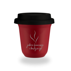 Kubek 80 ml CZERWONY "Jebnę kawusie i będzie git", z pokrywką czarną