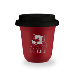 Kubek 80 ml CZERWONY "Ochójeje (z kotem w okularach)", z pokrywką czarną
