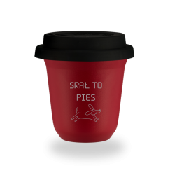 Kubek 80 ml CZERWONY "Srał to pies", z pokrywką czarną