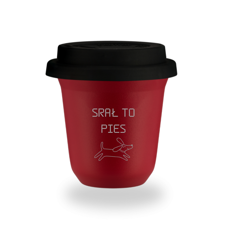 Kubek 150 ml CZERWONY "Srał to pies", z pokrywką czarną