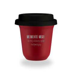 Kubek 150 ml CZERWONY "Memento mori - to mój ulubiony cytat motywacyjny", z pokrywką czarną