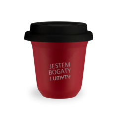 Kubek 240 ml CZERWONY "Jestem bogaty i umyty", z pokrywką czarną