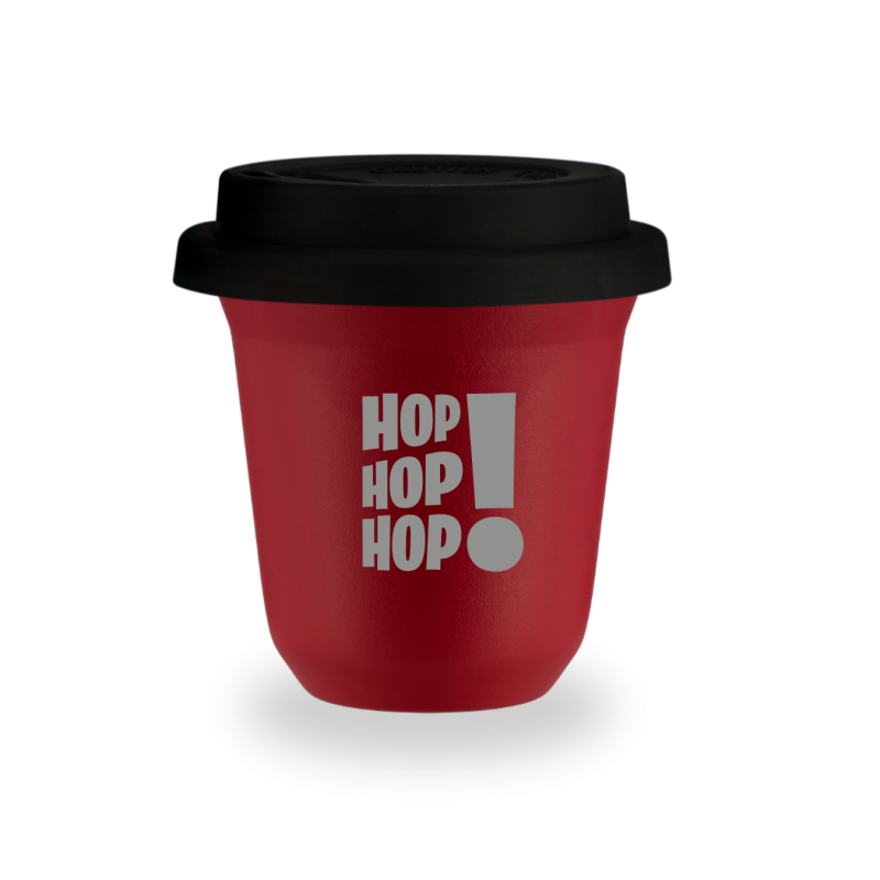 Kubek 150 ml CZERWONY "HOP! HOP! HOP!", z pokrywką czarną