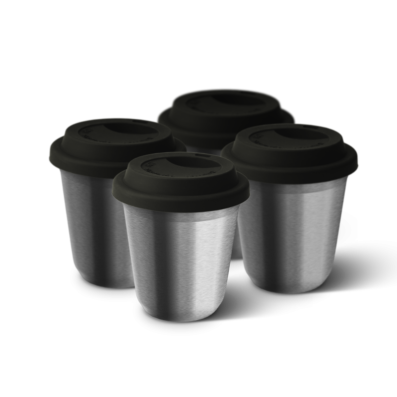 Zestaw 4 srebrnych kubków 80 ml z pokrywką