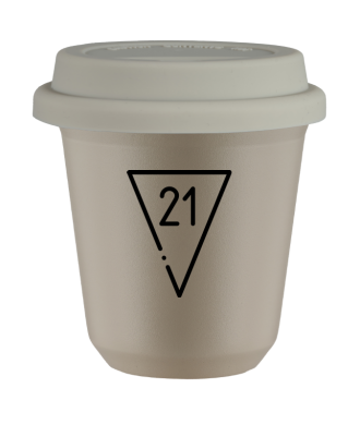 Kubek 80 ml BEŻOWY "21 (czarny)", z białą pokrywką Kubek 80 ml BEŻOWY "21 (czarny)", z białą pokrywką