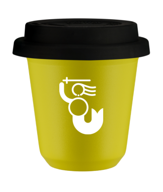 Kubek canary yellow 80 ml, WARSZAWSKA SYRENKA (bialy) z pokrywka czarna