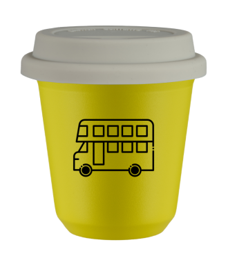 Kubek 80 ml ŻÓŁTY "Autobus (czarny)", z białą pokrywką Kubek 80 ml ŻÓŁTY "Autobus (czarny)", z białą pokrywką