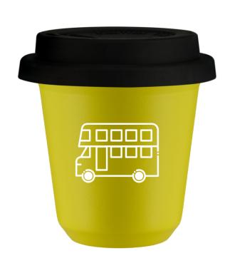 Kubek canary yellow 80 ml, AUTOBUS (bialy) z pokrywka czarna