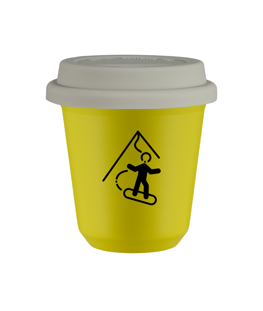 Kubek 80 ml ŻÓŁTY "Snowboard", z białą pokrywką