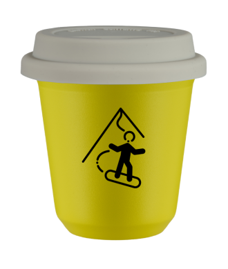 Kubek 80 ml ŻÓŁTY "Snowboard (czarny)", z białą pokrywką Kubek 80 ml ŻÓŁTY "Snowboard (czarny)", z białą pokrywką