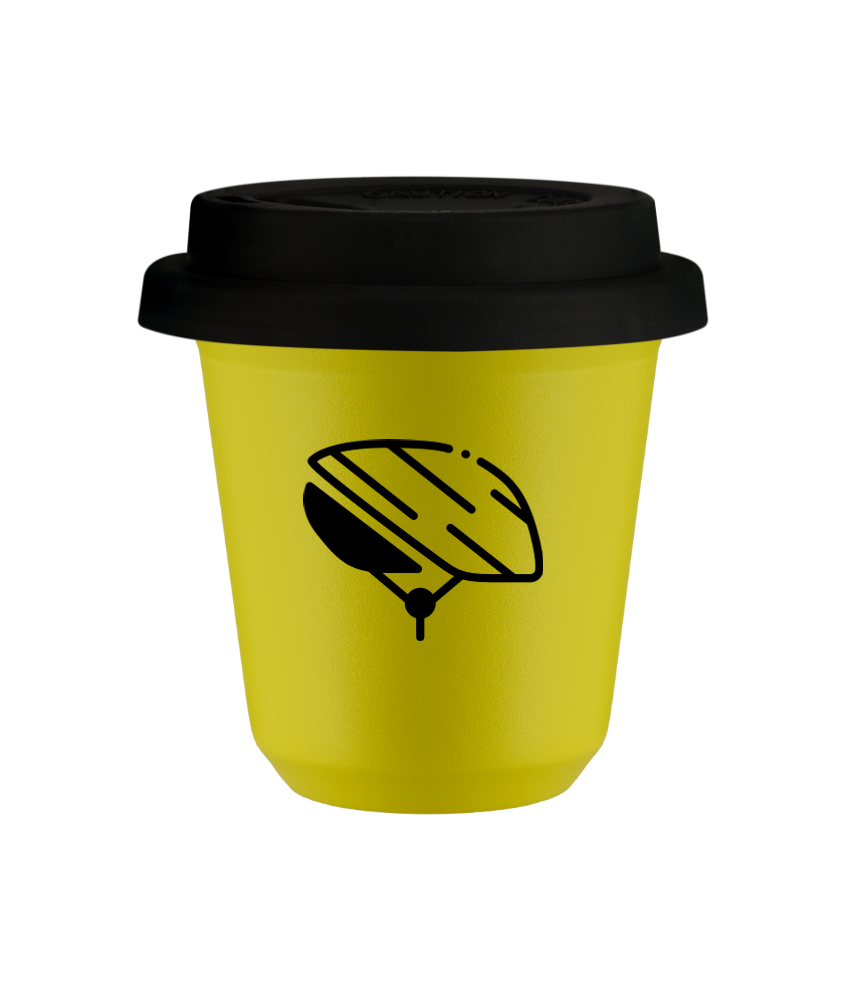Kubek 80 ml ŻÓŁTY "Kask (czarny)", z czarną pokrywką