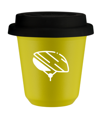 Kubek 80 ml ŻÓŁTY "Kask (biały)", z czarną pokrywką Kubek 80 ml ŻÓŁTY "Kask (biały)", z czarną pokrywką