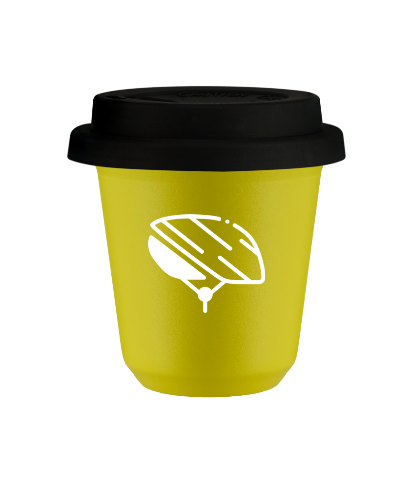 Kubek 80 ml ŻÓŁTY "Kask (biały)", z czarną pokrywką