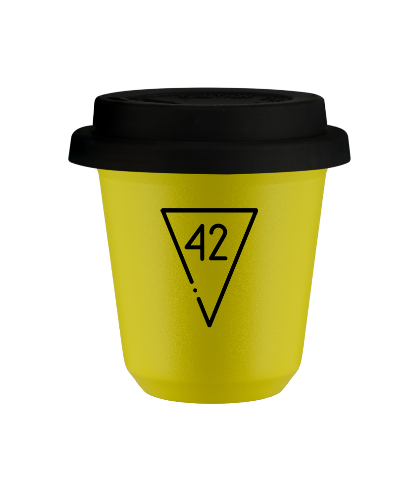 Kubek 80 ml ŻÓŁTY "42", z czarną pokrywką