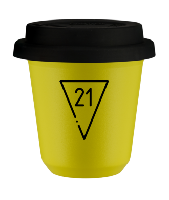 Kubek 80 ml ŻÓŁTY "21 (czarny)", z czarną pokrywką Kubek 80 ml ŻÓŁTY "21 (czarny)", z czarną pokrywką