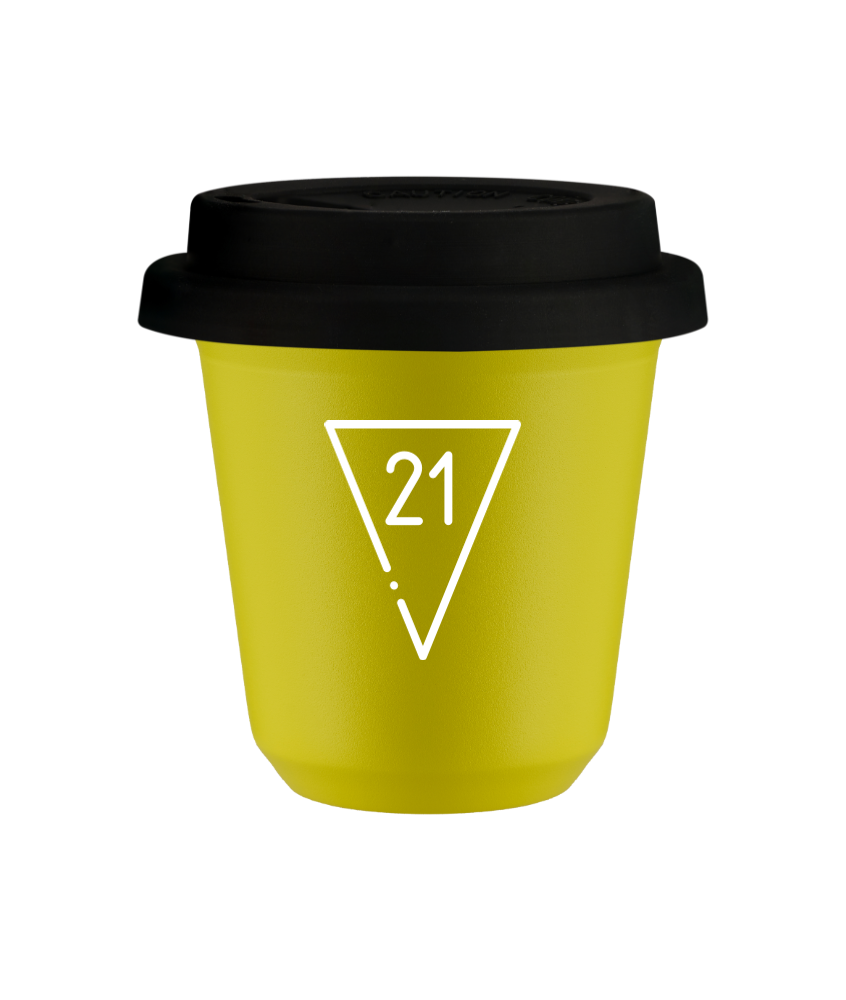 Kubek 80 ml ŻÓŁTY "21 (biały)", z czarną pokrywką