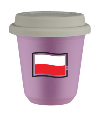 Kubek liliowy 80 ml, FLAGA POLSKI (czarny) z pokrywka biala
