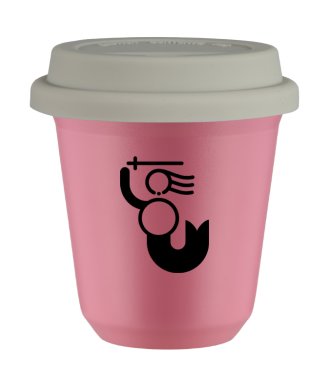 Kubek hot pink 80 ml, WARSZAWSKA SYRENKA (czarny) z pokrywka biala