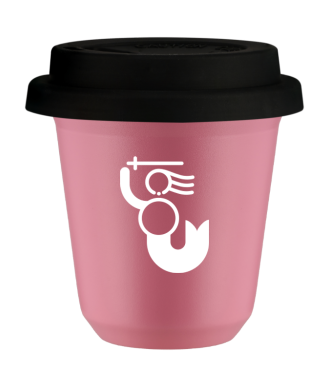 Kubek hot pink 80 ml, WARSZAWSKA SYRENKA (bialy) z pokrywka czarna