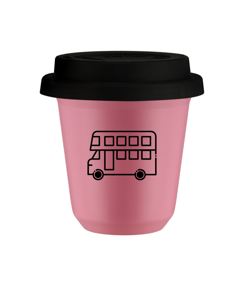 Kubek 80 ml RÓŻOWY "Autobus (czarny)", z czarną pokrywką
