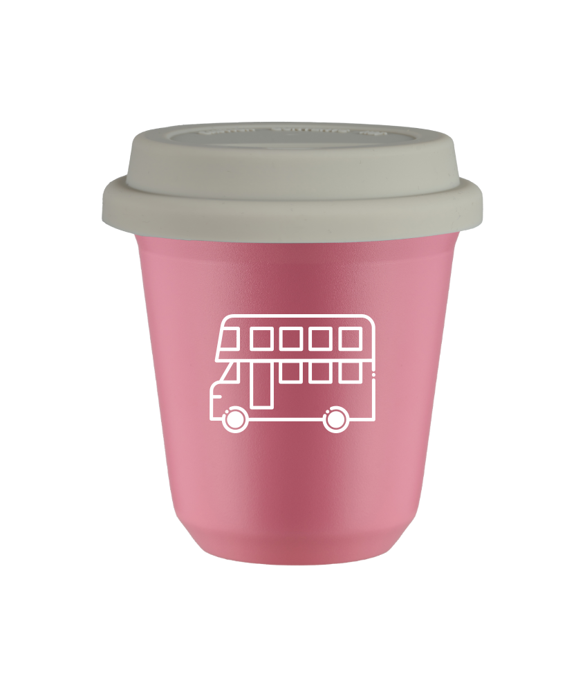 Kubek 80 ml RÓŻOWY "Autobus (biały)", z białą pokrywką