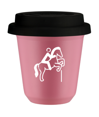 Kubek hot pink 80 ml, JEZDZIECTWO 1 (bialy) z pokrywka czarna