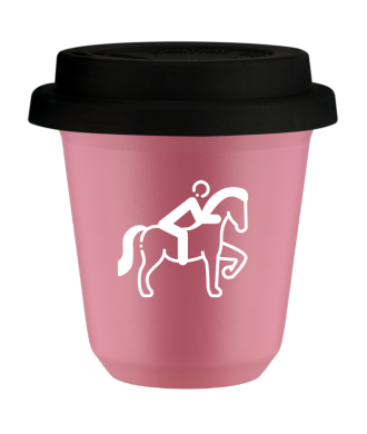 Kubek hot pink 80 ml, JEZDZIECTWO 2 (bialy) z pokrywka czarna