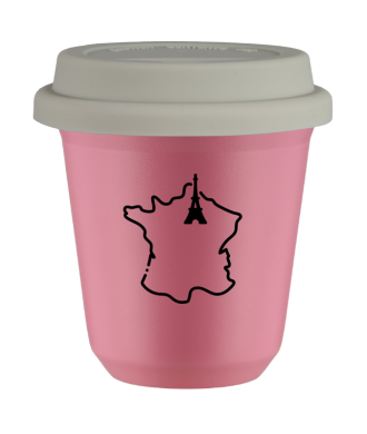 Kubek hot pink 80 ml, FRANCJA z pokrywka biala