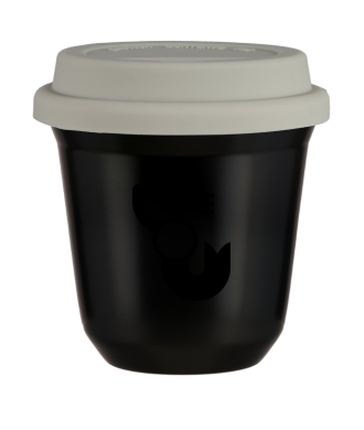 Kubek czarny 150 ml, WARSZAWSKA SYRENKA (czarny) z pokrywka biala
