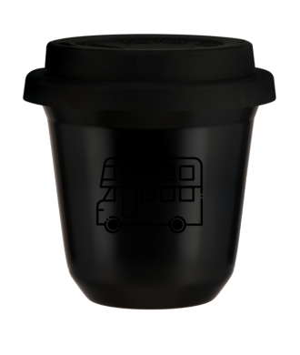 Kubek czarny 150 ml, AUTOBUS (czarny) z pokrywka czarna