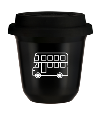 Kubek czarny 150 ml, AUTOBUS (bialy) z pokrywka czarna