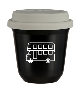 Kubek czarny 150 ml, AUTOBUS (bialy) z pokrywka biala