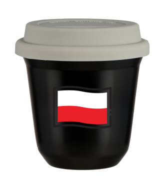 Kubek czarny 150 ml, FLAGA POLSKI z pokrywka biala