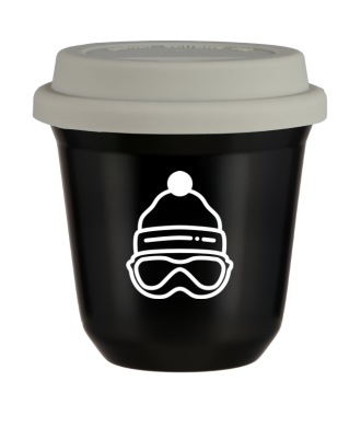 Kubek czarny 150 ml, CZAPKA (bialy) z pokrywka biala