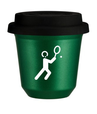 Kubek 150 ml ZIELONY METALIC "Tenis 1 (biały)", z czarną pokrywką Kubek 150 ml ZIELONY METALIC "Tenis 1 (biały)", z czarną pokrywką
