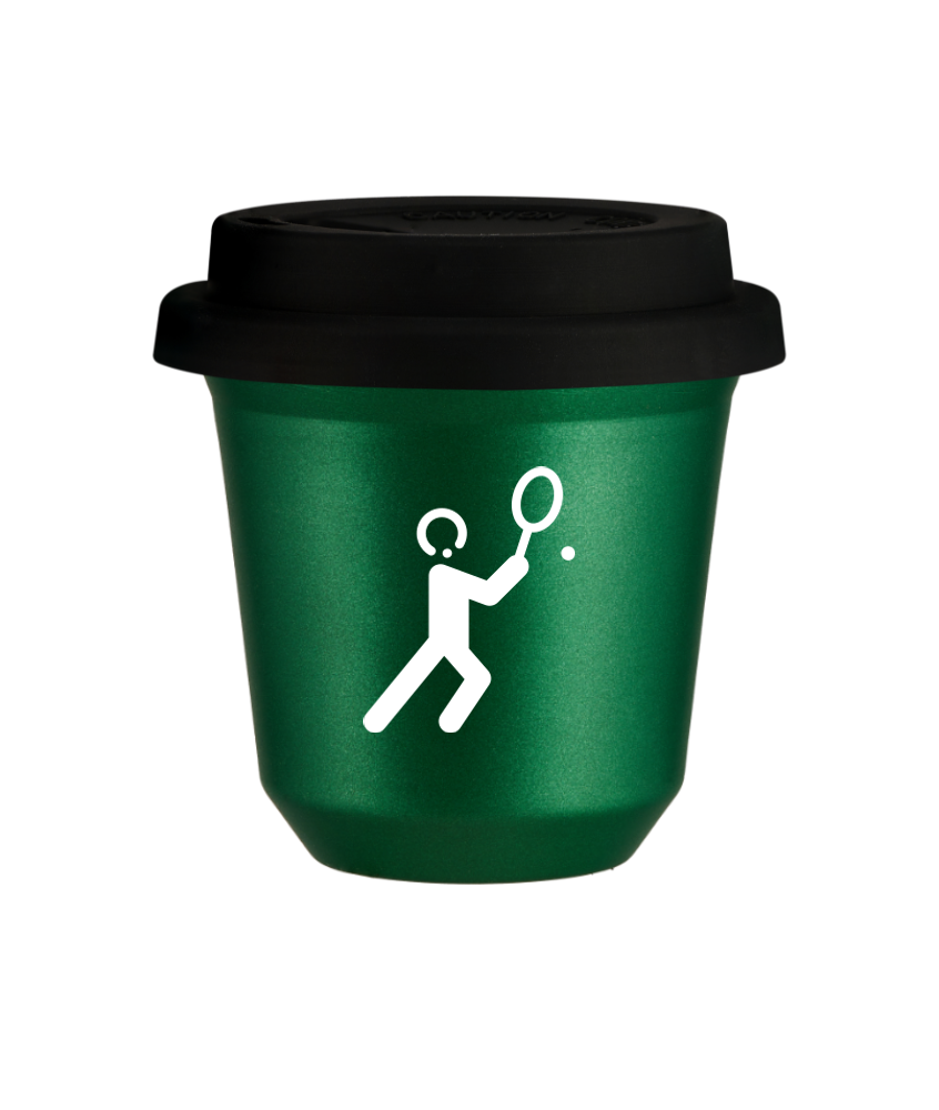Kubek 150 ml ZIELONY METALIC "Tenis 1 (biały)", z czarną pokrywką