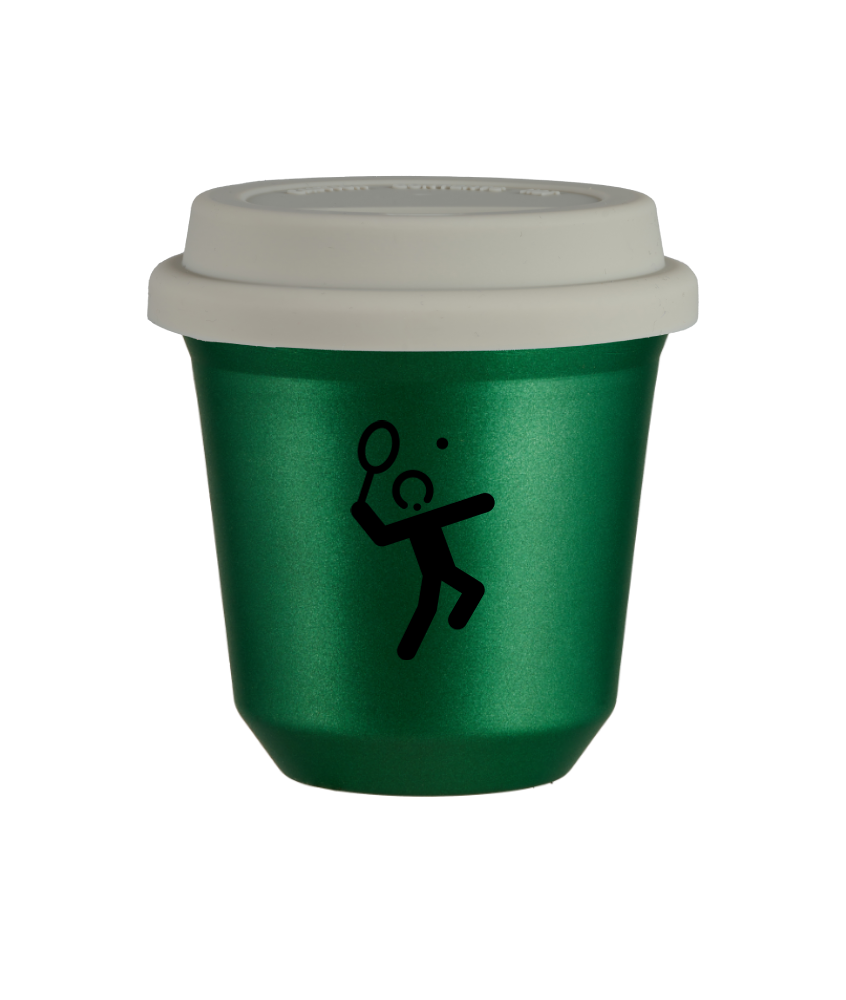 Kubek 150 ml ZIELONY METALIC "Tenis 2 (czarny)", z białą pokrywką